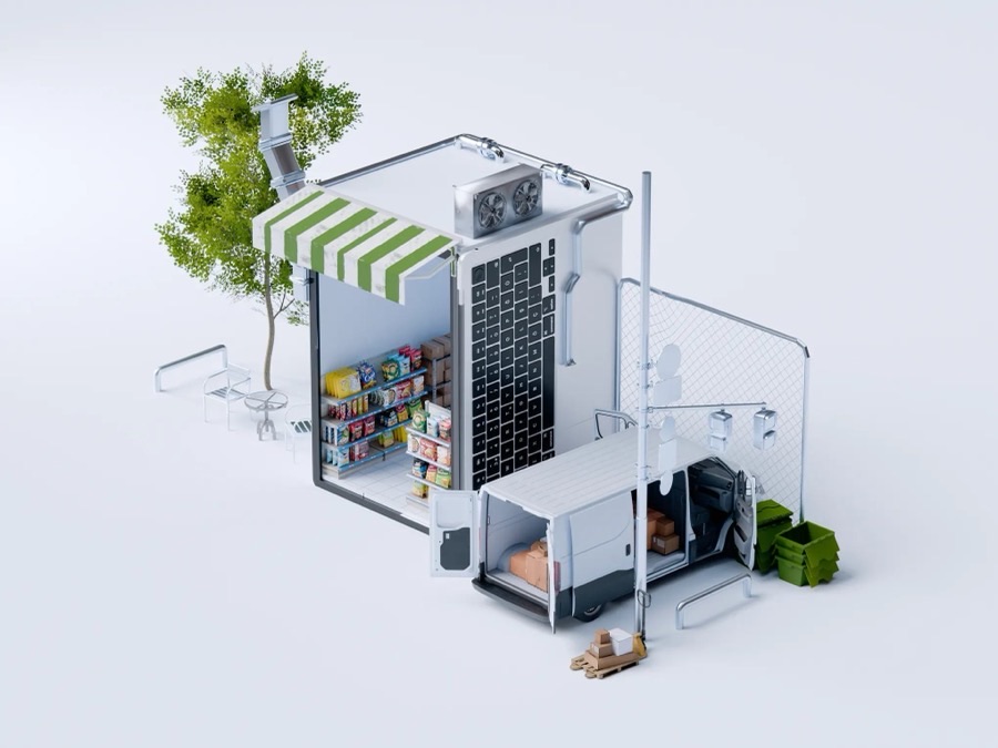 Isometric 3D kiosk with a striped awning and shelves of products