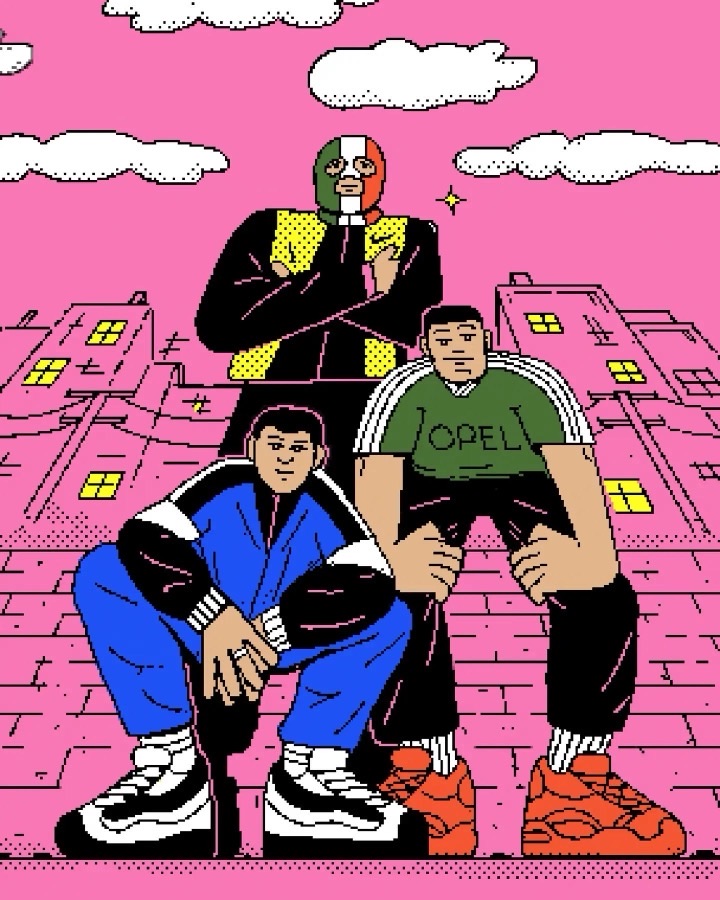 Illustrated team of three posing in front of a pink city skyline